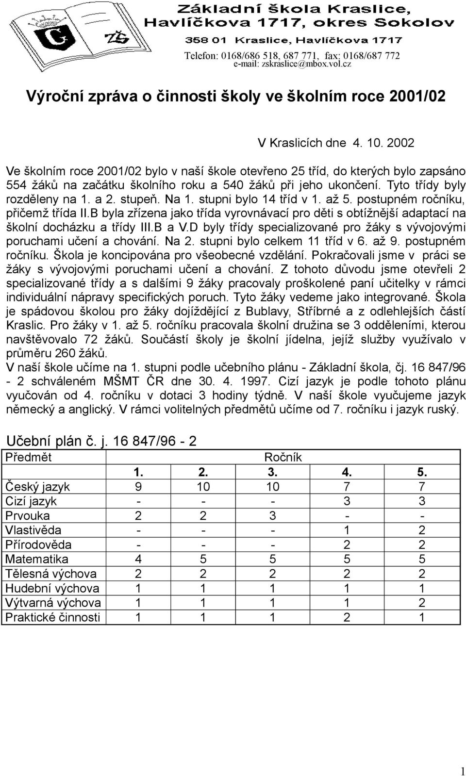 Na 1. stupni bylo 14 tříd v 1. až 5. postupném ročníku, přičemž třída II.B byla zřízena jako třída vyrovnávací pro děti s obtížnější adaptací na školní docházku a třídy III.B a V.