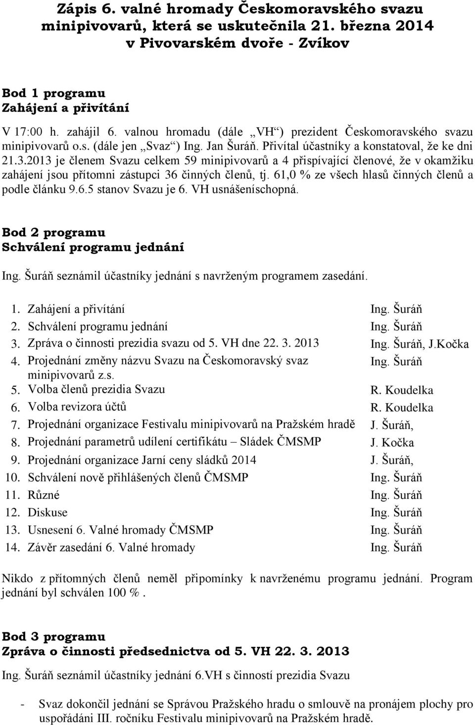 2013 je členem Svazu celkem 59 minipivovarů a 4 přispívající členové, ţe v okamţiku zahájení jsou přítomni zástupci 36 činných členů, tj. 61,0 % ze všech hlasů činných členů a podle článku 9.6.5 stanov Svazu je 6.