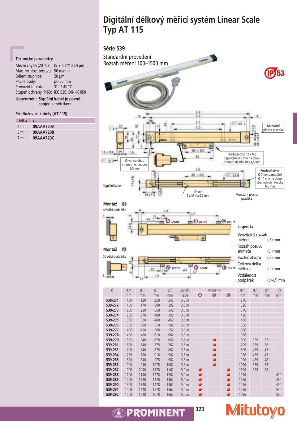 Série 539 Standardní provedení Rozsah měření 100 1500 Prodlužovací kabely (AT 115) Délka č.
