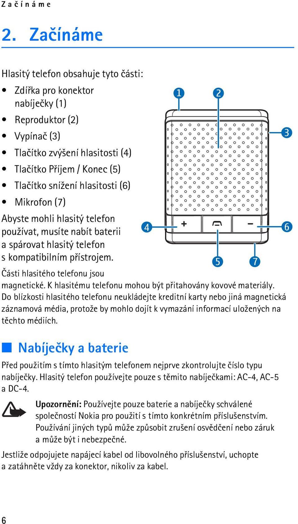 (6) Mikrofon (7) Abyste mohli hlasitý telefon pou¾ívat, musíte nabít baterii a spárovat hlasitý telefon 4 6 s kompatibilním pøístrojem. Èásti hlasitého telefonu jsou 5 7 magnetické.