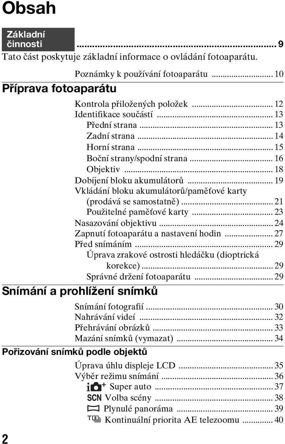 .. 19 Vkládání bloku akumulátorů/paměťové karty (prodává se samostatně)... 21 Použitelné paměťové karty... 23 Nasazování objektivu... 24 Zapnutí fotoaparátu a nastavení hodin... 27 Před snímáním.