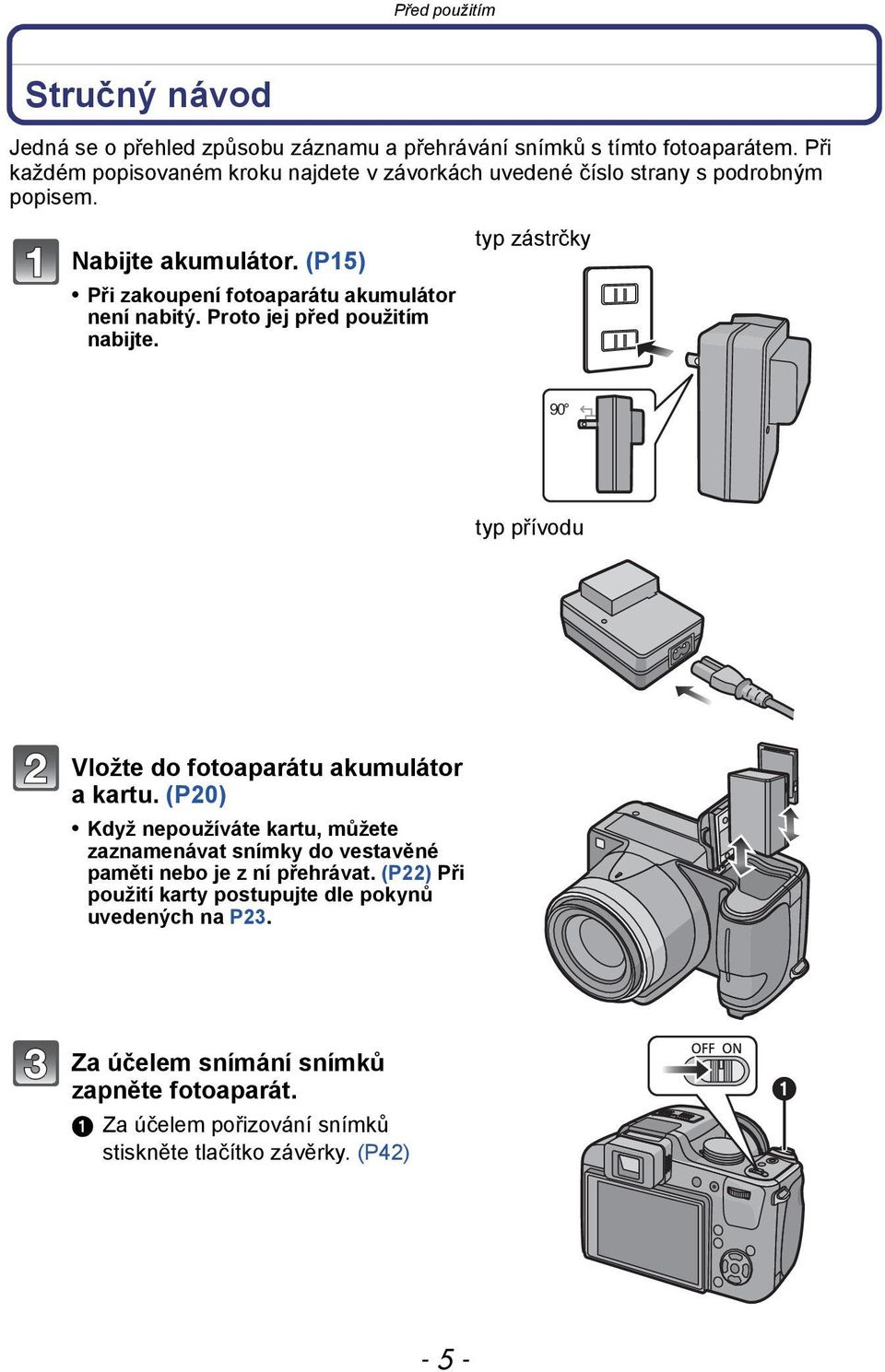 Proto jej před použitím nabijte. typ zástrčky 90 typ přívodu Vložte do fotoaparátu akumulátor a kartu.