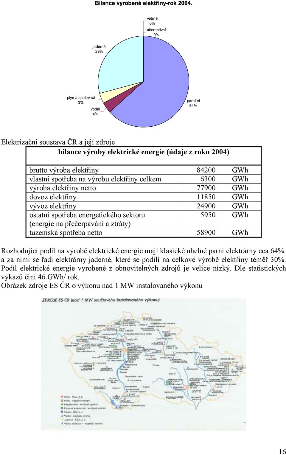 (energie na přečerpávání a ztráty) tuzemská spotřeba netto 58900 GWh Rozhodující podíl na výrobě elektrické energie mají klasické uhelné parní elektrárny cca 64% a za nimi se řadí elektrárny jaderné,