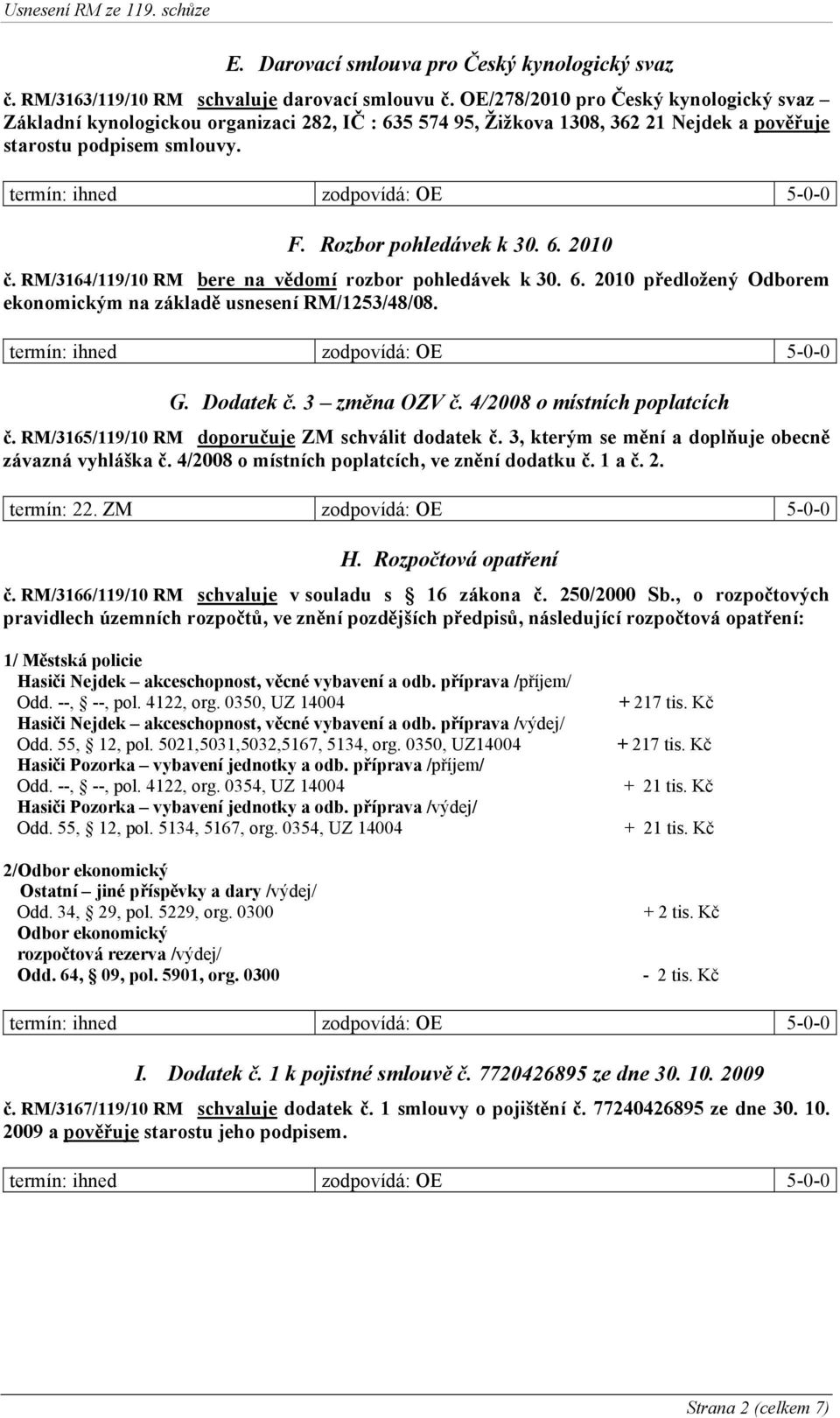 RM/3164/119/10 RM bere na vědomí rozbor pohledávek k 30. 6. 2010 předložený Odborem ekonomickým na základě usnesení RM/1253/48/08. G. Dodatek č. 3 změna OZV č. 4/2008 o místních poplatcích č.