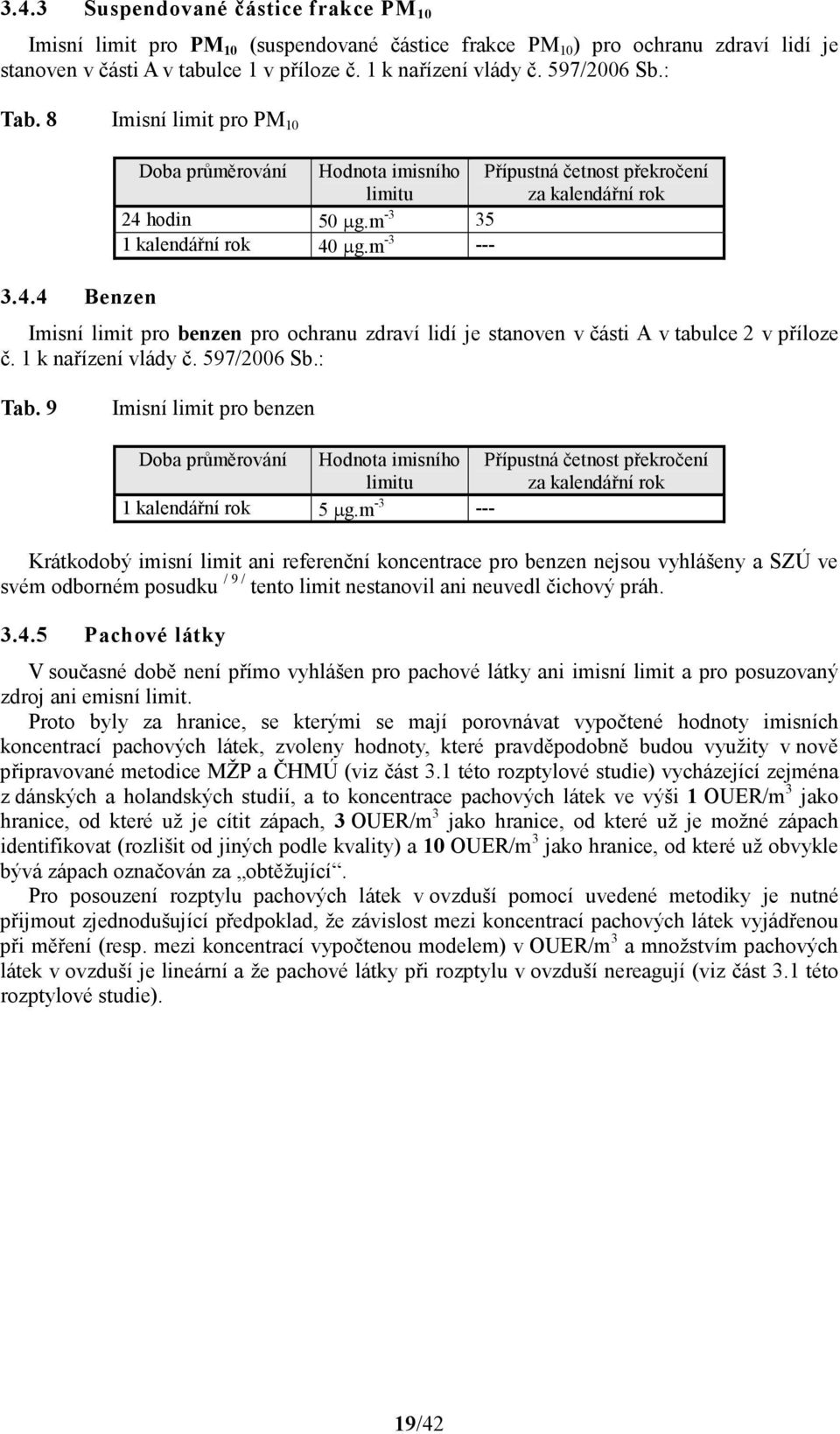 m -3 --- Imisní limit pro benzen pro ochranu zdraví lidí je stanoven v části A v tabulce 2 v příloze č. 1 k nařízení vlády č. 597/2006 Sb.: Tab.