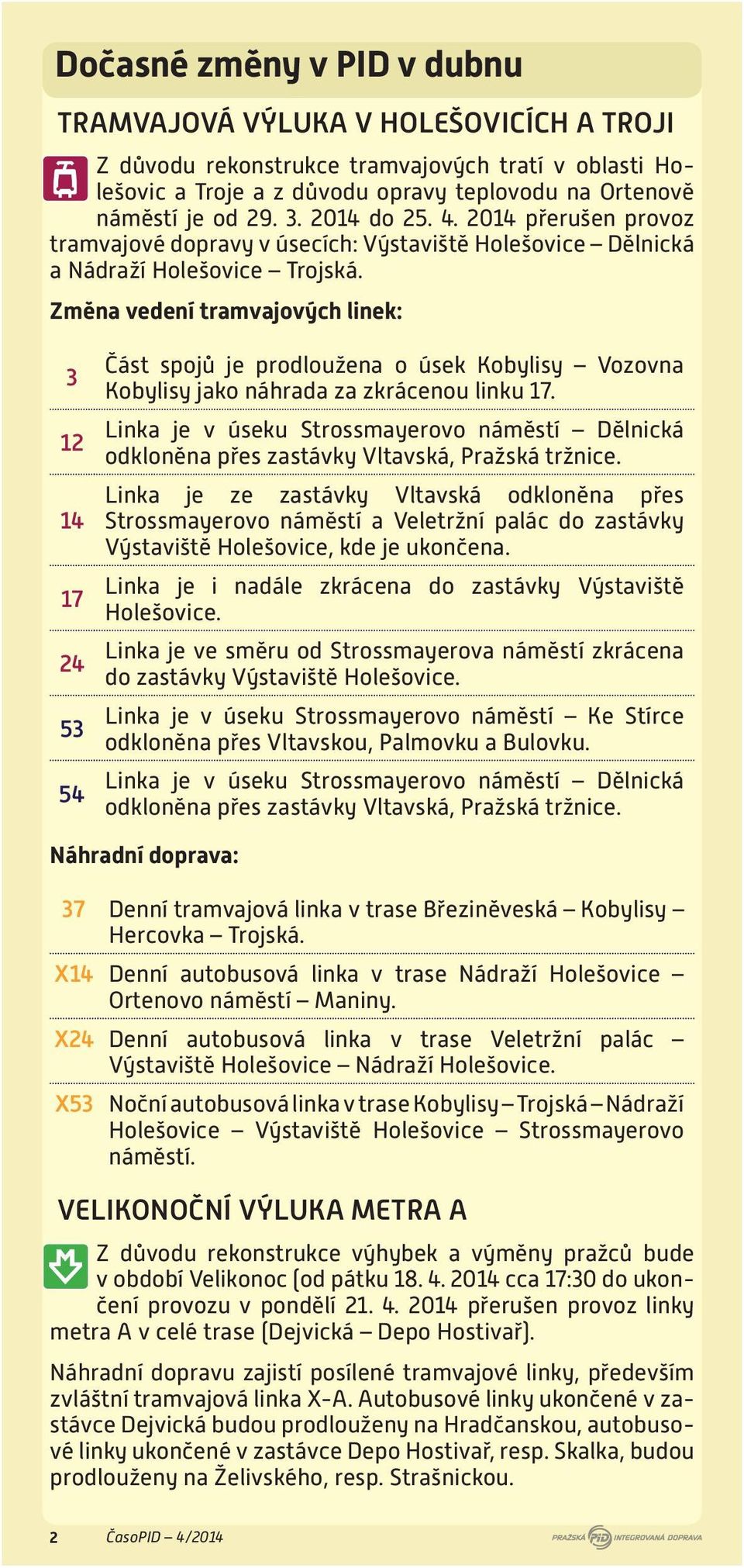 Změna vedení tramvajových linek: 3 12 14 17 24 53 54 Část spojů je prodloužena o úsek Kobylisy Vozovna Kobylisy jako náhrada za zkrácenou linku 17.