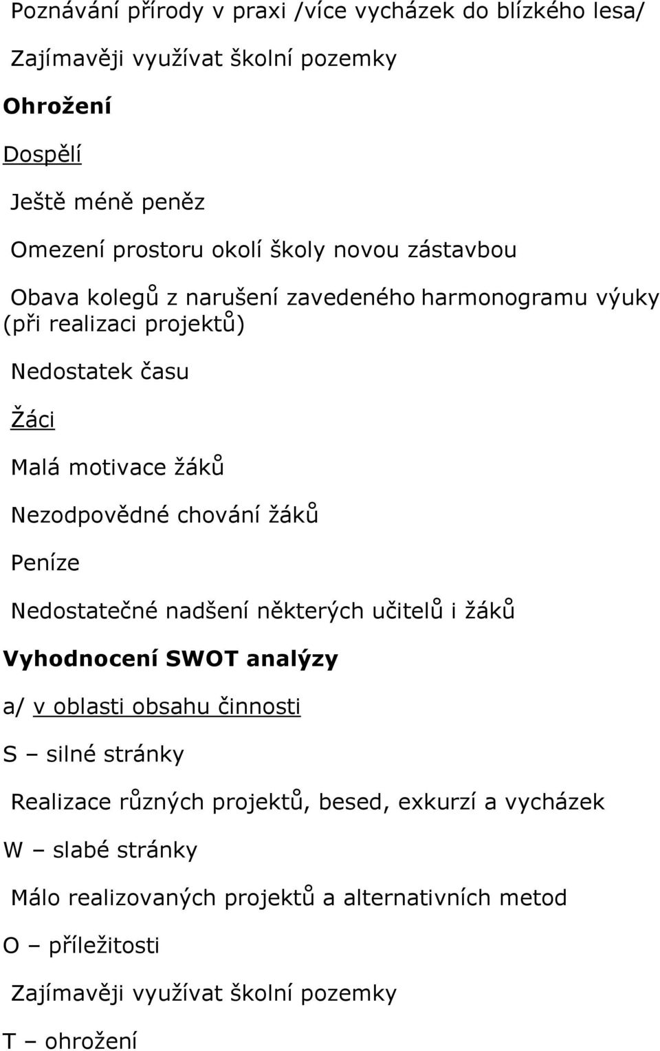 chování žáků Peníze Nedostatečné nadšení některých učitelů i žáků Vyhodnocení SWOT analýzy a/ v oblasti obsahu činnosti S silné stránky Realizace různých