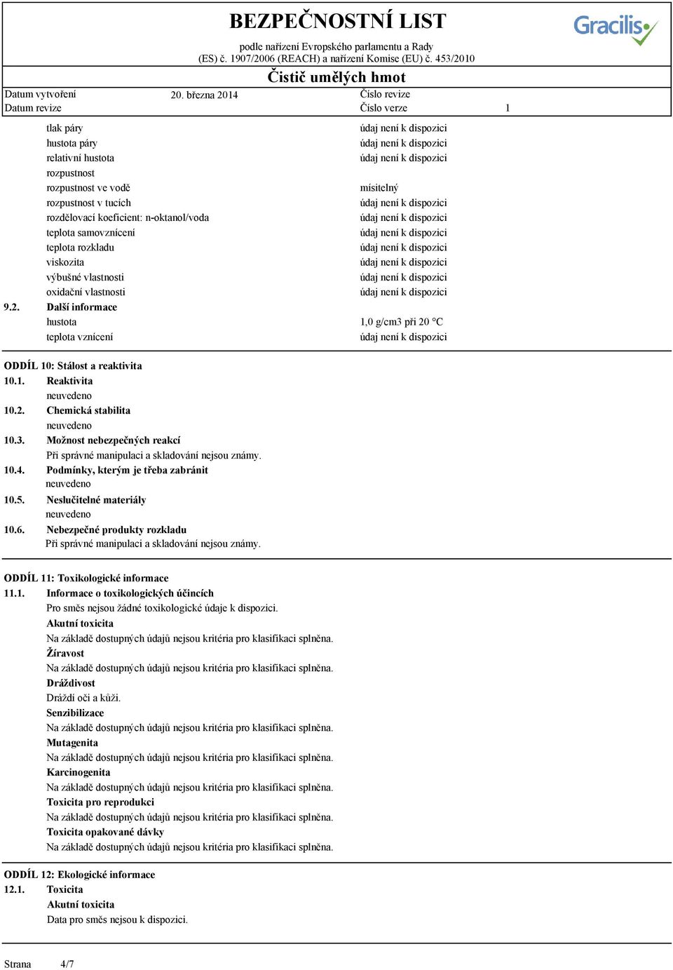 vlastnosti oxidační vlastnosti Další informace hustota teplota vznícení mísitelný,0 g/cm3 při 20 C ODDÍL 0: Stálost a reaktivita 0.. Reaktivita 0.2. Chemická stabilita 0.3. Možnost nebezpečných reakcí Při správné manipulaci a skladování nejsou známy.