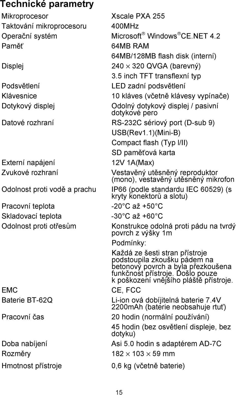 5 inch TFT transflexní typ Podsvětlení LED zadní podsvětlení Klávesnice 10 kláves (včetně klávesy vypínače) Dotykový displej Odolný dotykový displej / pasivní dotykové pero Datové rozhraní RS-232C