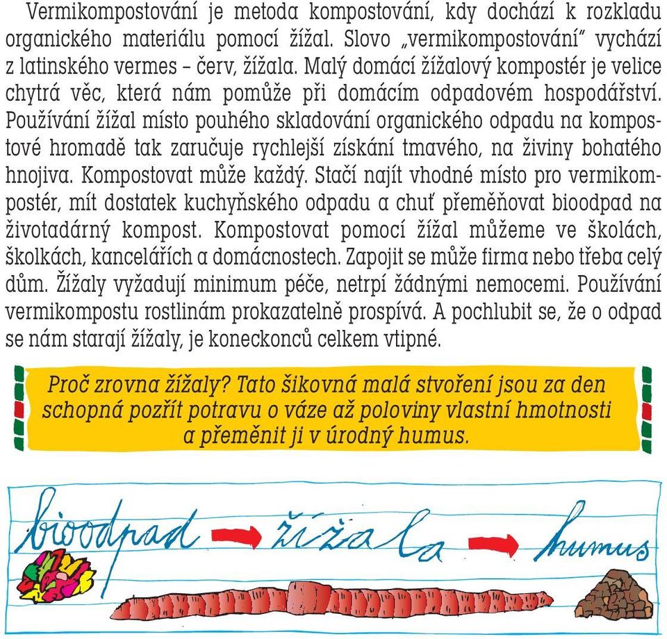 Používání žížal místo pouhého skladování organického odpadu na kompostové hromadě tak zaručuje rychlejší získání tmavého, na živiny bohatého hnojiva. Kompostovat může každý.