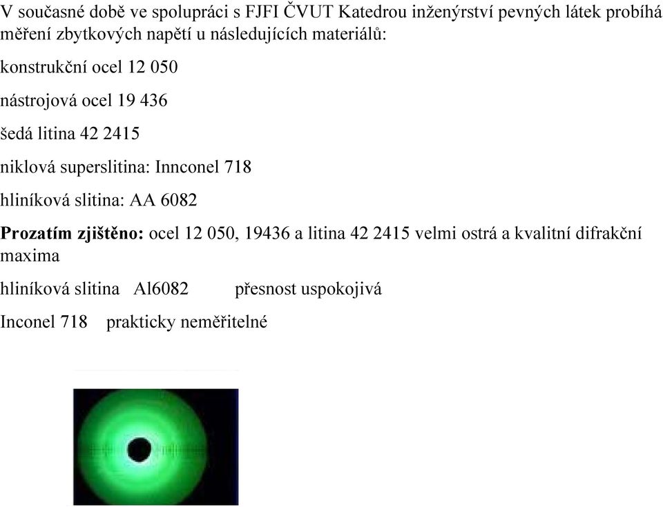 superslitina: Innconel 718 hliníková slitina: AA 6082 Prozatím zjištěno: ocel 12 050, 19436 a litina 42 2415