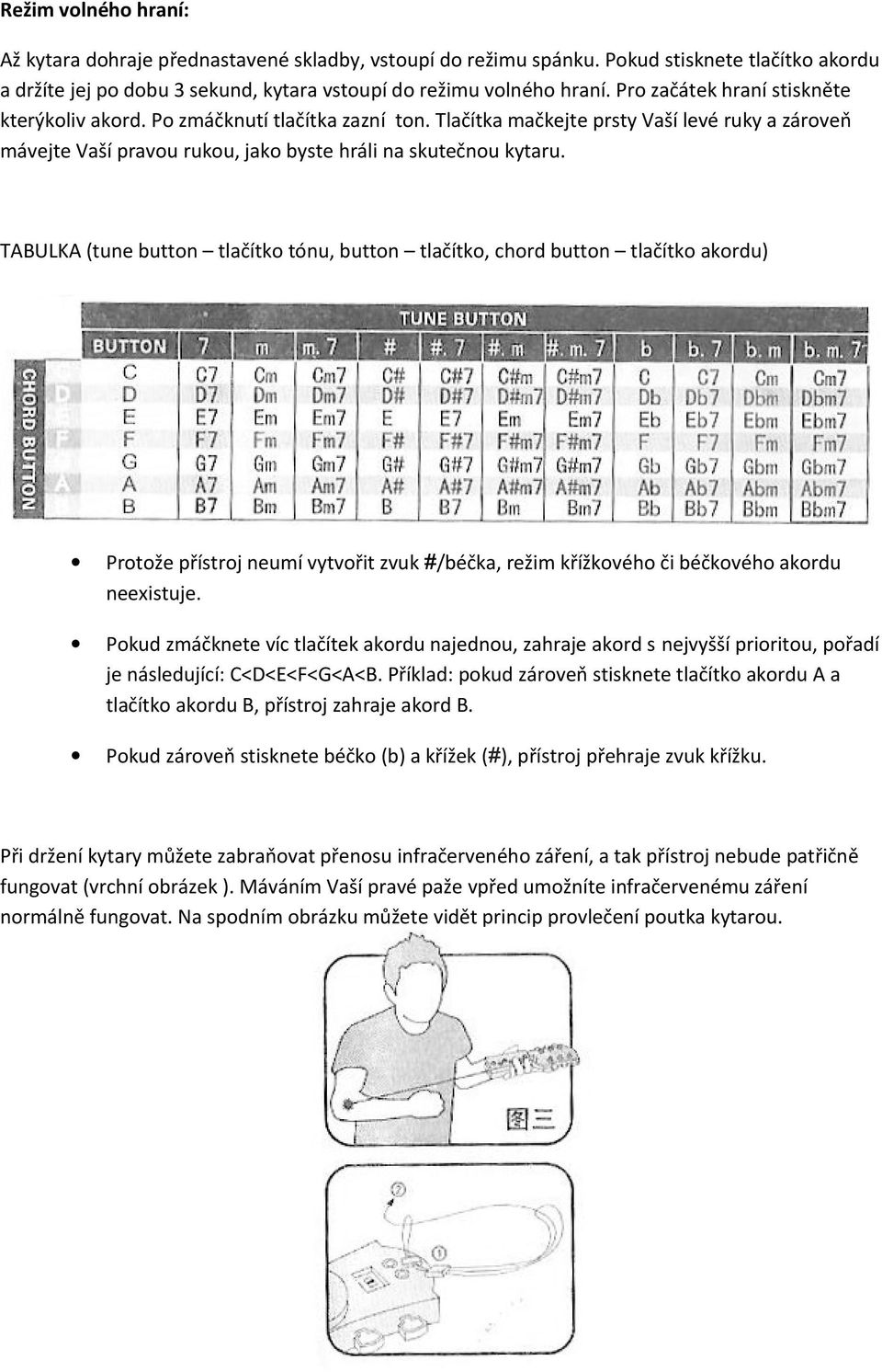 TABULKA (tune button tlačítko tónu, button tlačítko, chord button tlačítko akordu) Protože přístroj neumí vytvořit zvuk křížku/béčka, režim křížkového či béčkového akordu neexistuje. 1.