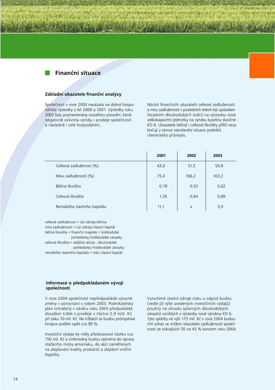 Nárùst finanèních ukazatelù celkové zadluženosti a míry zadluženosti v posledních letech byl zpùsoben èerpáním dlouhodobých úvìrù na výstavbu nové velkokapacitní jednotky na výrobu kyseliny dusièné -