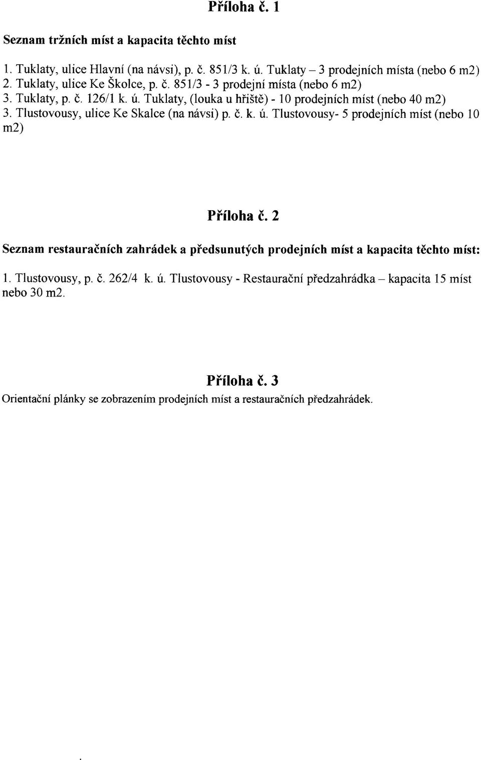 Tuklaty, (louka u hřiště) -10 prodejních míst (nebo 40 m2) 3, Tlustovousy, ulice Ke Skalce (na návsi) p. č. k. ú. Tlustovousy- 5 prodejních míst (nebo 10 m2) Příloha č.