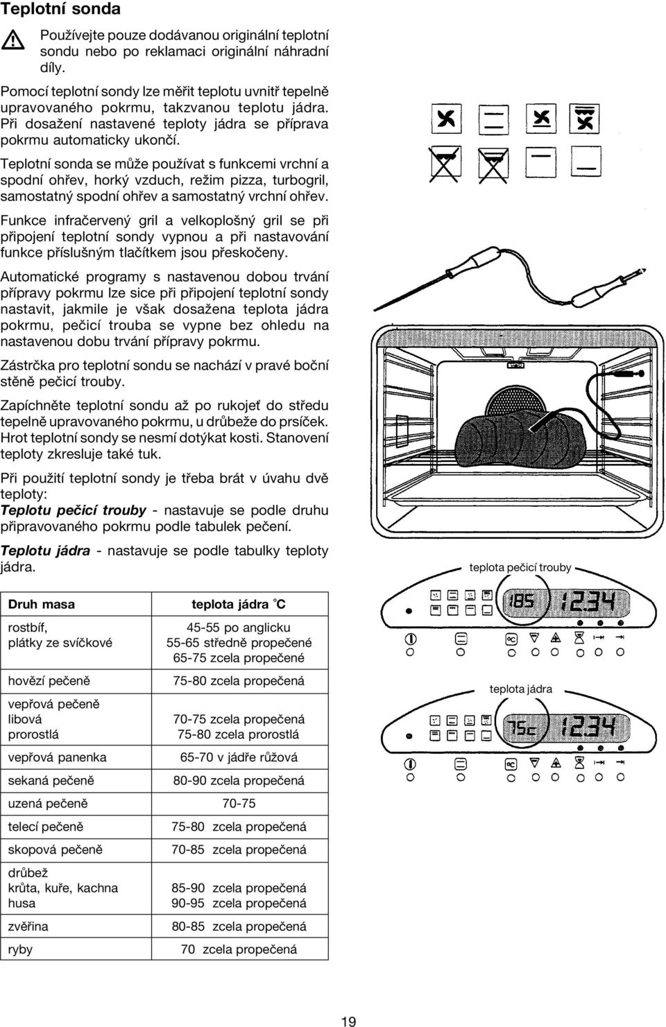 TeplotnÌ sonda se m ûe pouûìvat s funkcemi vrchnì a spodnì oh ev, hork vzduch, reûim pizza, turbogril, samostatn spodnì oh ev a samostatn vrchnì oh ev.