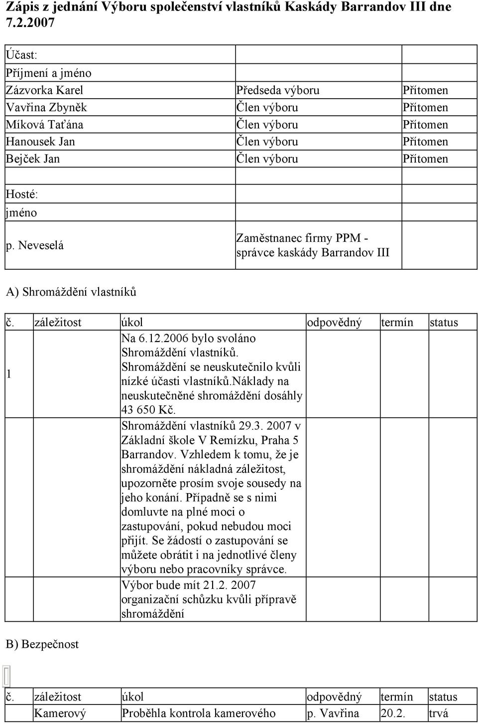 Přítomen Hosté: jméno p. Neveselá Zaměstnanec firmy PPM - správce kaskády Barrandov III A) Shromáždění vlastníků 1 Na 6.12.2006 bylo svoláno Shromáždění vlastníků.