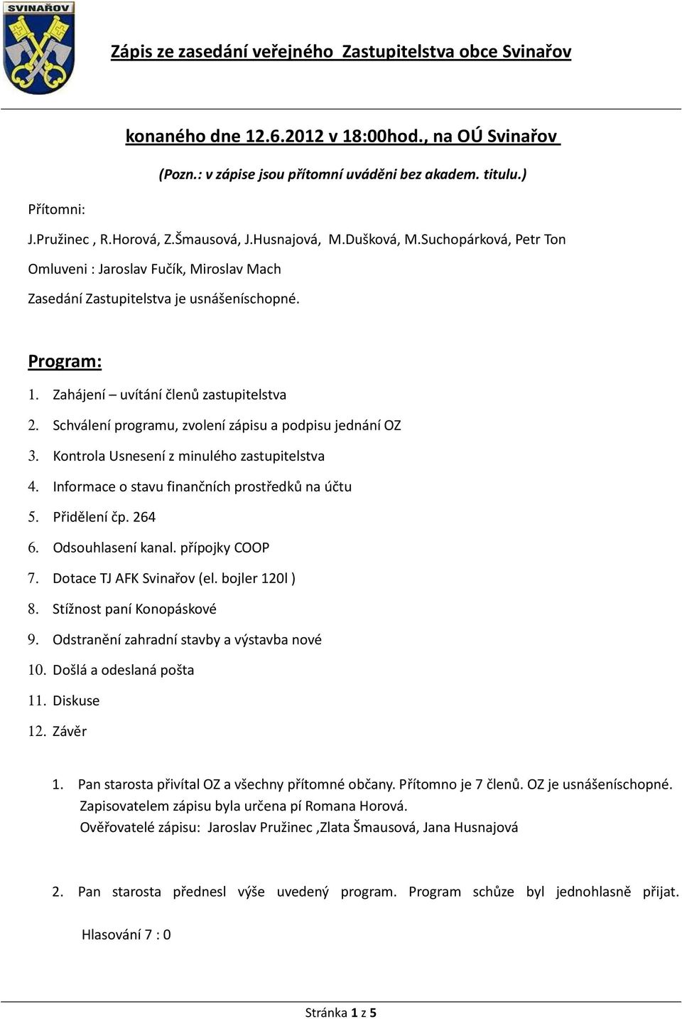 Schválení programu, zvolení zápisu a podpisu jednání OZ 3. Kontrola Usnesení z minulého zastupitelstva 4. Informace o stavu finančních prostředků na účtu 5. Přidělení čp. 264 6. Odsouhlasení kanal.