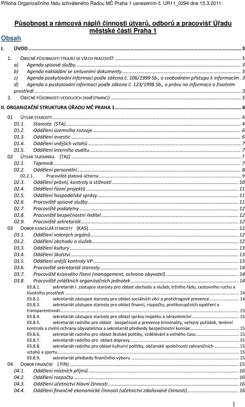 3 d) Agenda o poskytování informací podle zákona č. 123/1998 Sb., o právu na informace o životním prostředí... 3 2. OBECNÉ PŮSOBNOSTI VEDOUCÍCH ZAMĚSTNANCŮ... 3 II.