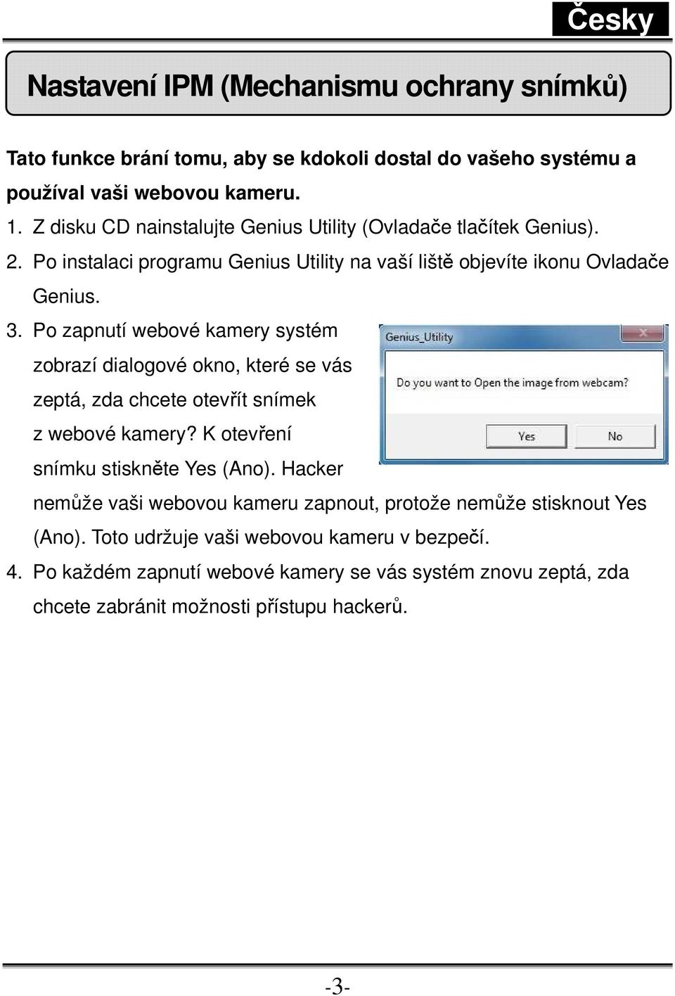 Po zapnutí webové kamery systém zobrazí dialogové okno, které se vás zeptá, zda chcete otevřít snímek z webové kamery? K otevření snímku stiskněte Yes (Ano).