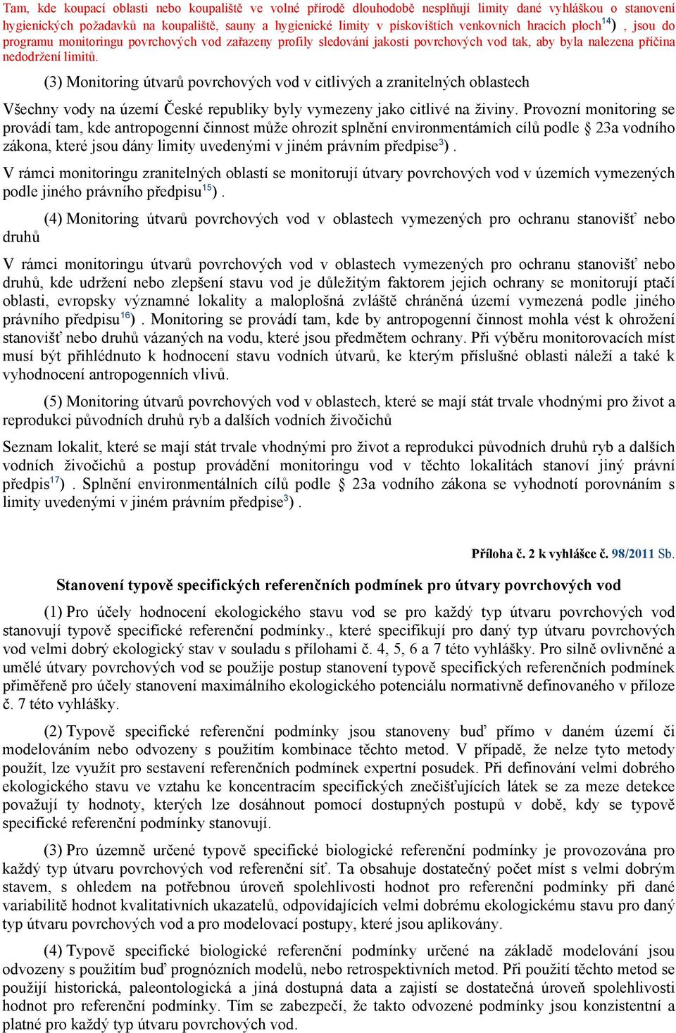 (3) Monitoring útvarů povrchových vod v citlivých a zranitelných oblastech Všechny vody na území České republiky byly vymezeny jako citlivé na živiny.