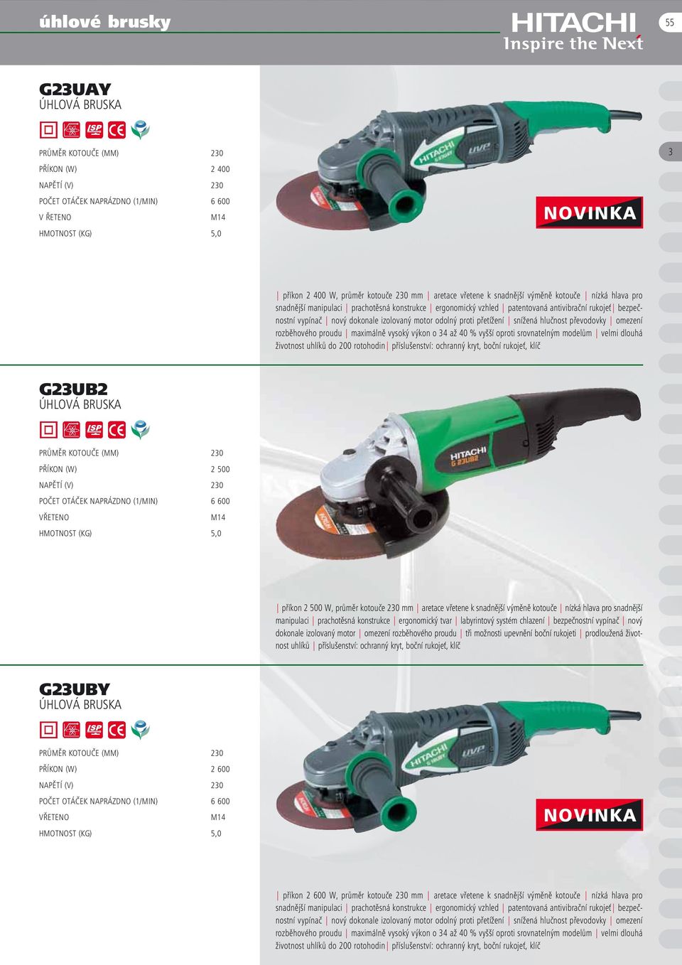 výkon o 34 až 40 % vyšší oproti srovnatelným modelům velmi dlouhá životnost uhlíků do 200 rotohodin příslušenství: ochranný kryt, boční rukojeť, klíč G23UB2 PŘÍKON (W) 2 500 příkon 2 500 W, průměr