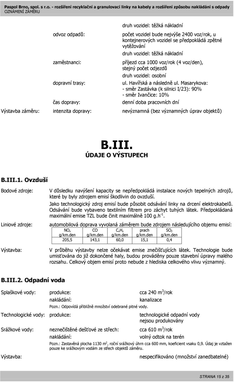 Masarykova: - směr Zastávka (k silnici I/23): 90% - směr Ivančice: 10% denní doba pracovních dní Výstavba záměru: intenzita dopravy: nevýznamná (bez významných úprav objektů) B.III.