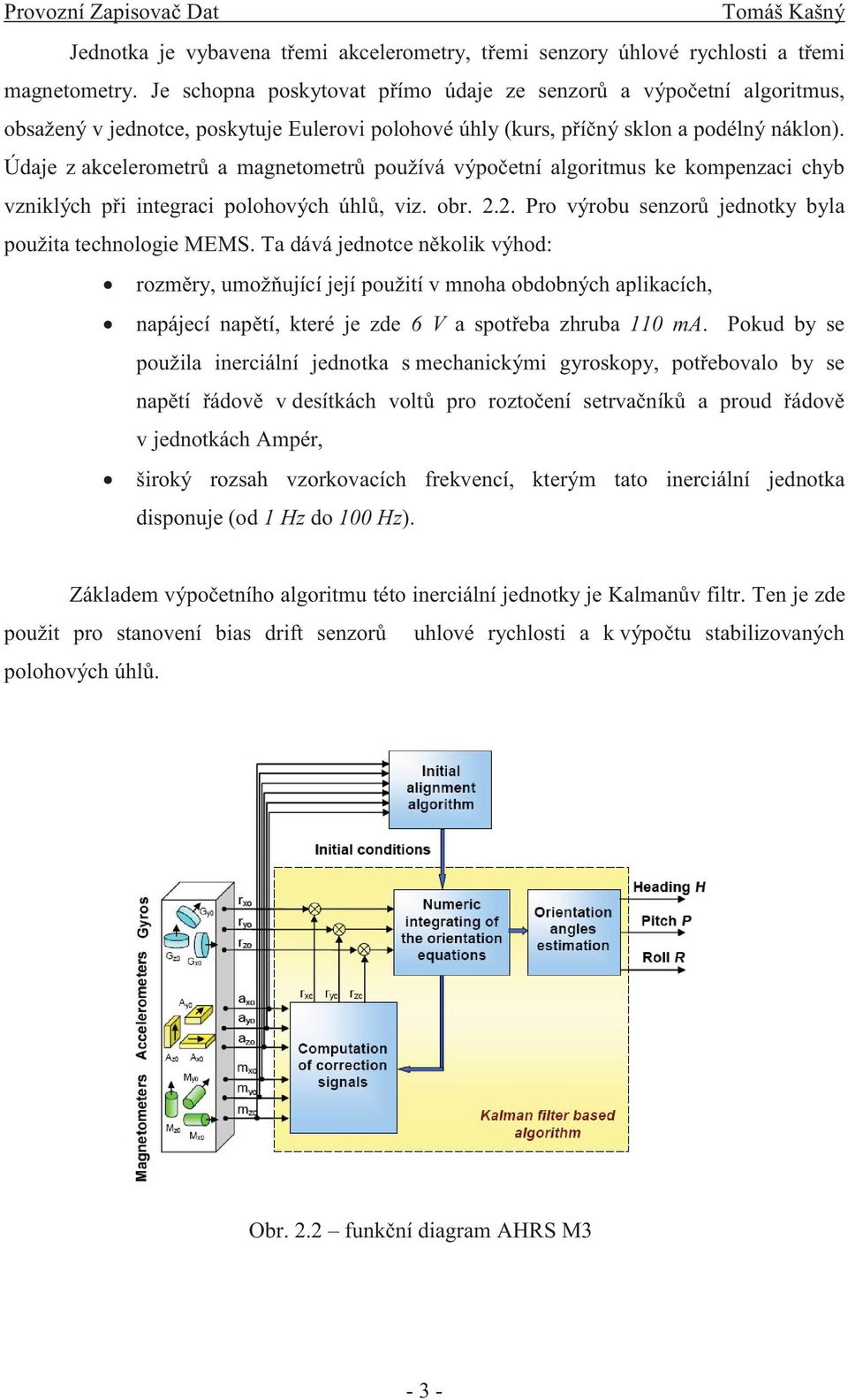 Údaje z akcelerometrů a magnetometrů používá výpočetní algoritmus ke kompenzaci chyb vzniklých při integraci polohových úhlů, viz. obr. 2.2. Pro výrobu senzorů jednotky byla použita technologie MEMS.