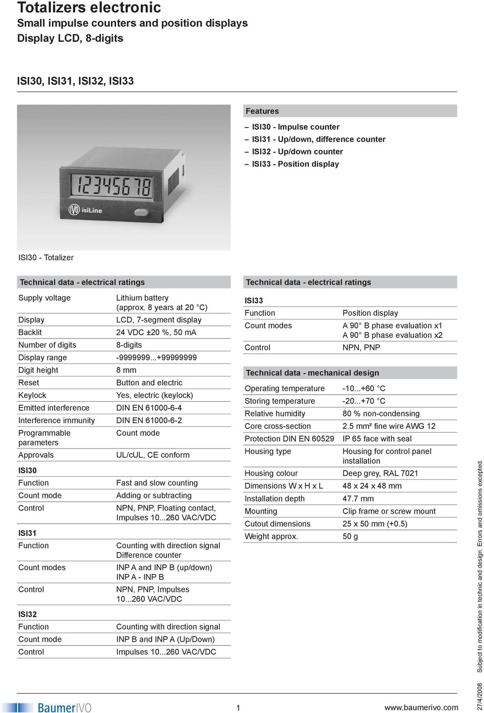 ..+99999999 Digit height Keylock mm utton and electric Yes, electric (keylock) Emitted interference DIN EN 000-- Interference immunity DIN EN 000-- Programmable parameters pprovals ISI0 Count mode