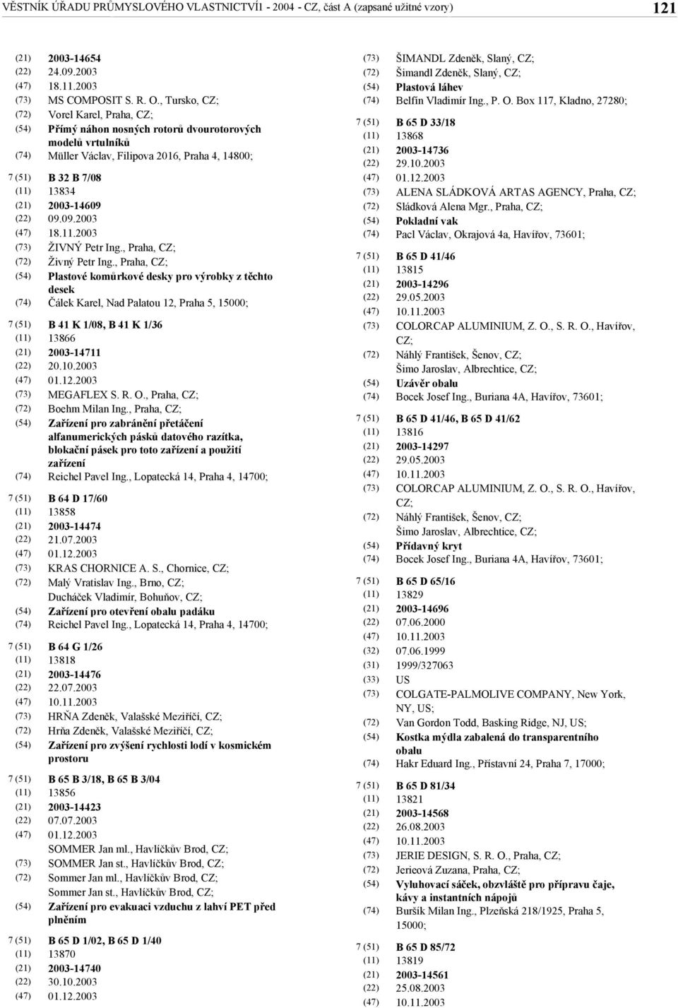 , Praha, Živný Petr Ing., Praha, Plastové komůrkové desky pro výrobky z těchto desek Čálek Karel, Nad Palatou 12, Praha 5, 15000; B 41 K 1/08, B 41 K 1/36 13866 2003-14711 20.10.2003 MEGAFLEX S. R. O.