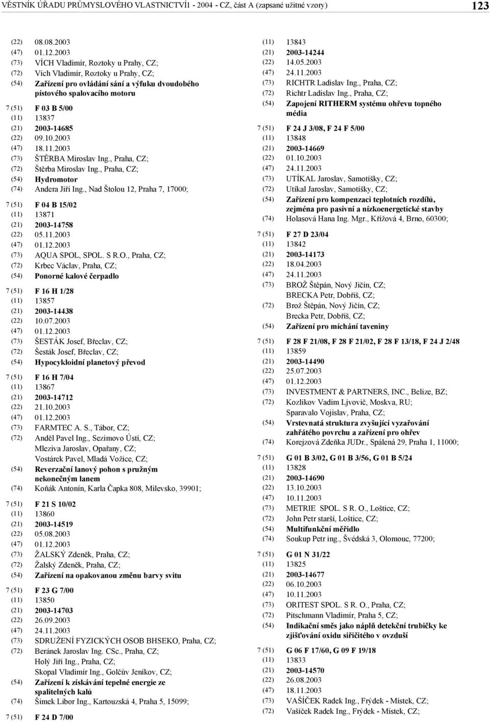 2003 ŠTĚRBA Miroslav Ing., Praha, Štěrba Miroslav Ing., Praha, Hydromotor Andera Jiří Ing., Nad Štolou 12, Praha 7, 17000; F 04 B 15/02 13871 2003-14758 05.11.2003 AQUA SPOL