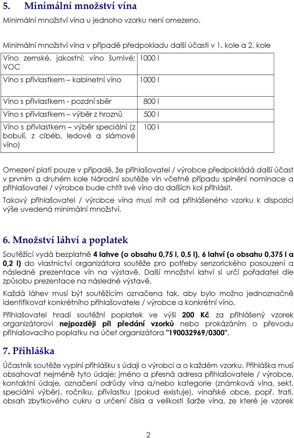 bobulí, z cibéb, ledové a slámové víno) 800 l 500 l 100 l Omezení platí pouze v případě, že přihlašovatel / výrobce předpokládá další účast v prvním a druhém kole Národní soutěže vín včetně případu