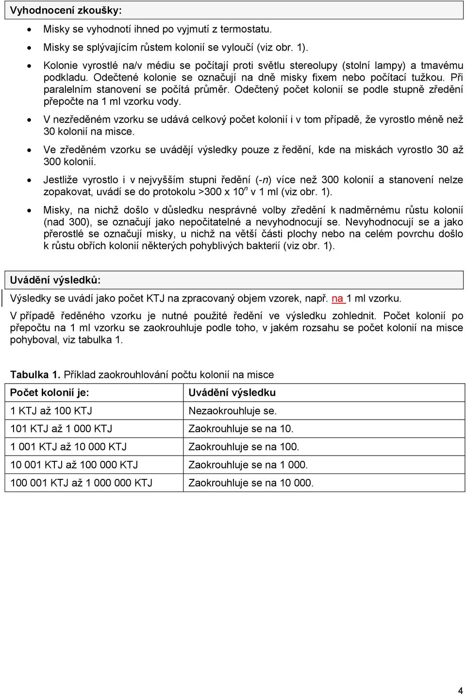 Při paralelním stanovení se počítá průměr. Odečtený počet kolonií se podle stupně zředění přepočte na 1 ml vzorku vody.