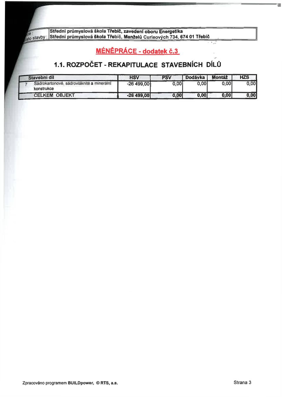 Stavební díl Dodávka Montáž -26 499,00 7 Sádrokartonově, sádrovláknitě a minerální konstrukce