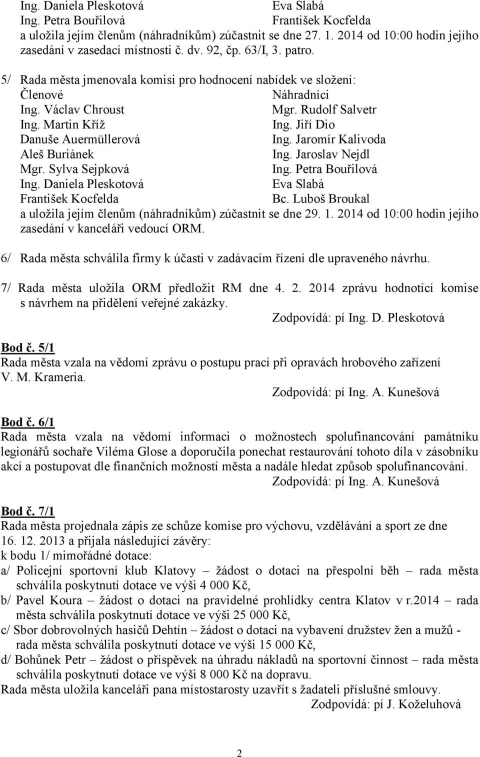 Jiří Dio Danuše Auermüllerová Ing. Jaromír Kalivoda Aleš Buriánek Ing. Jaroslav Nejdl Mgr. Sylva Sejpková Ing. Petra Bouřilová Ing. Daniela Pleskotová Eva Slabá František Kocfelda Bc.