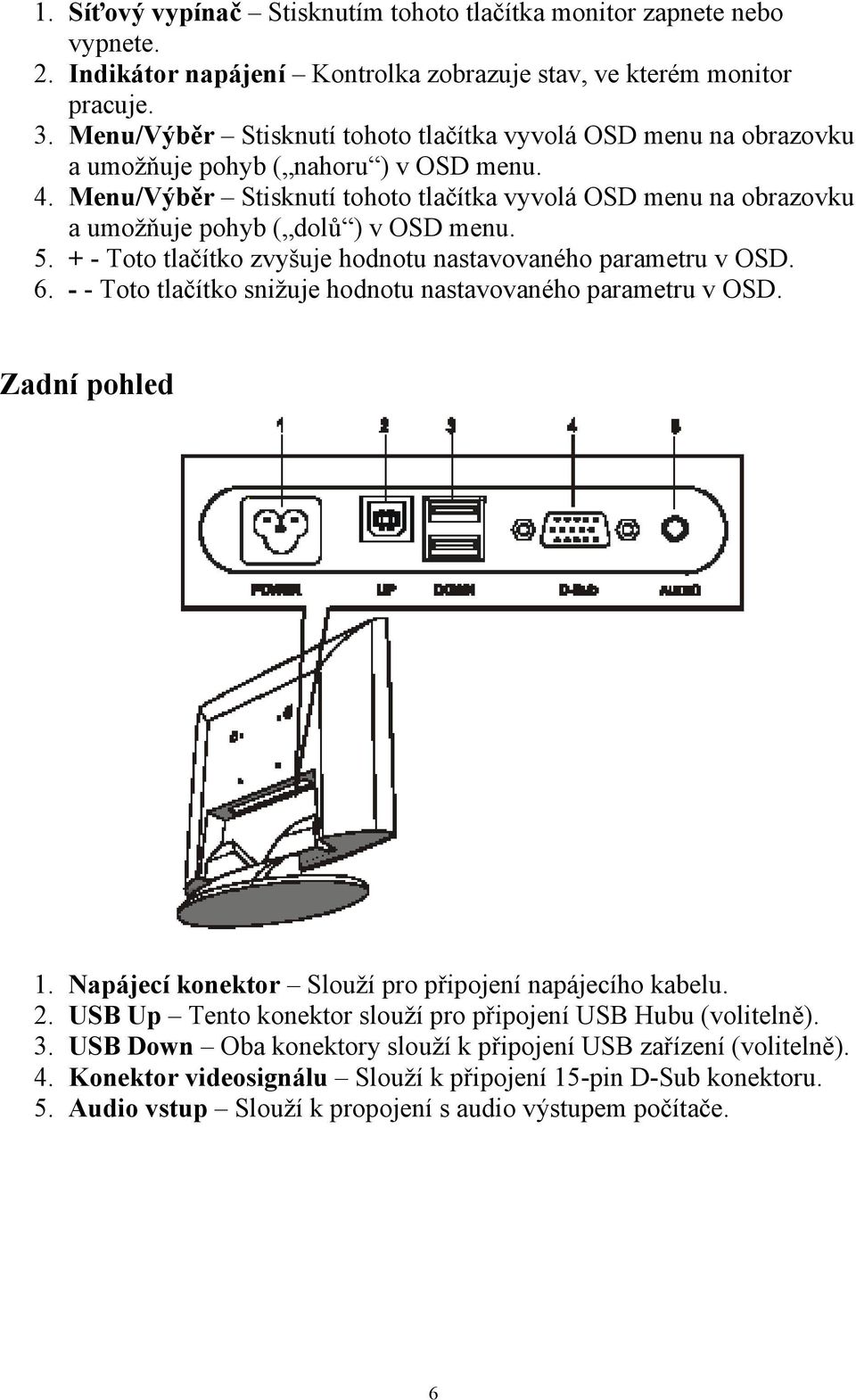 Menu/Výběr Stisknutí tohoto tlačítka vyvolá OSD menu na obrazovku a umožňuje pohyb ( dolů ) v OSD menu. 5. + - Toto tlačítko zvyšuje hodnotu nastavovaného parametru v OSD. 6.