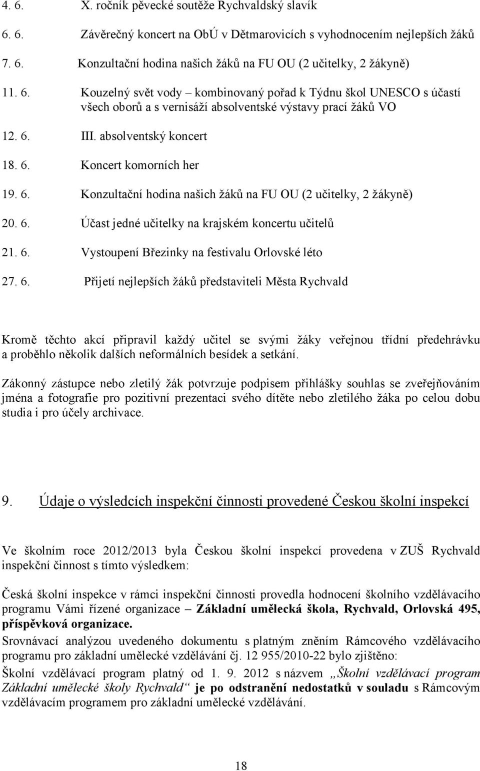 III. absolventský koncert 18. 6. Koncert komorních her 19. 6. Konzultační hodina našich žáků na FU OU (2 učitelky, 2 žákyně) 20. 6. Účast jedné učitelky na krajském koncertu učitelů 21. 6. Vystoupení Březinky na festivalu Orlovské léto 27.