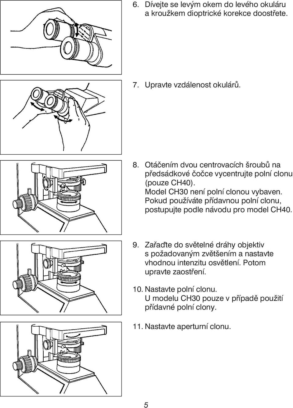 Pokud používáte přídavnou polní clonu, postupujte podle návodu pro model CH40. 9.