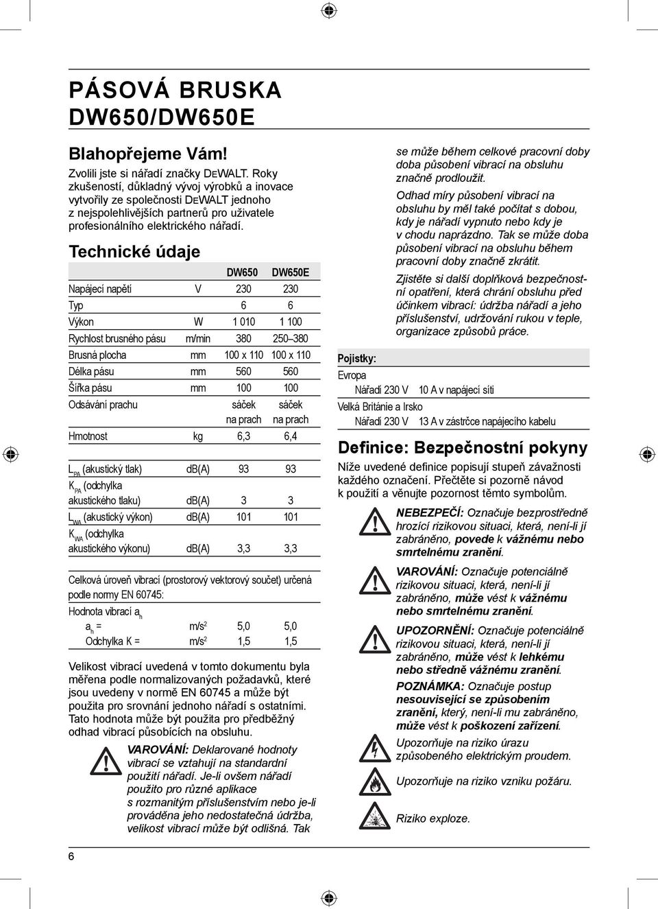 Technické údaje DW650 DW650E Napájecí napětí V 230 230 Typ 6 6 Výkon W 1 010 1 100 Rychlost brusného pásu m/min 380 250 380 Brusná plocha mm 100 x 110 100 x 110 Délka pásu mm 560 560 Šířka pásu mm