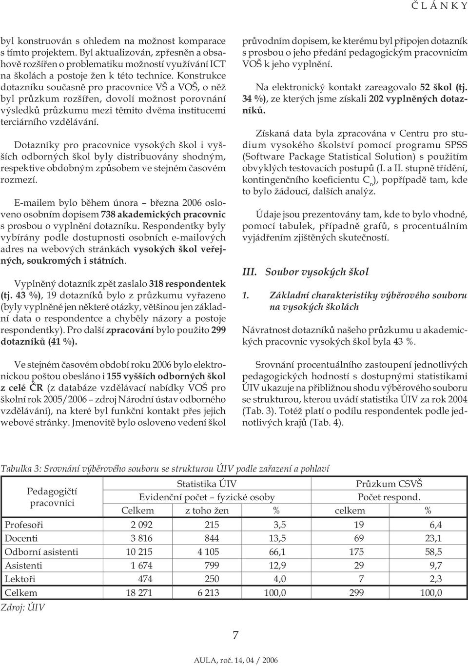 Dotazníky pro pracovnice vysokých škol i vyšších odborných škol byly distribuovány shodným, respektive obdobným způsobem ve stejném časovém rozmezí.