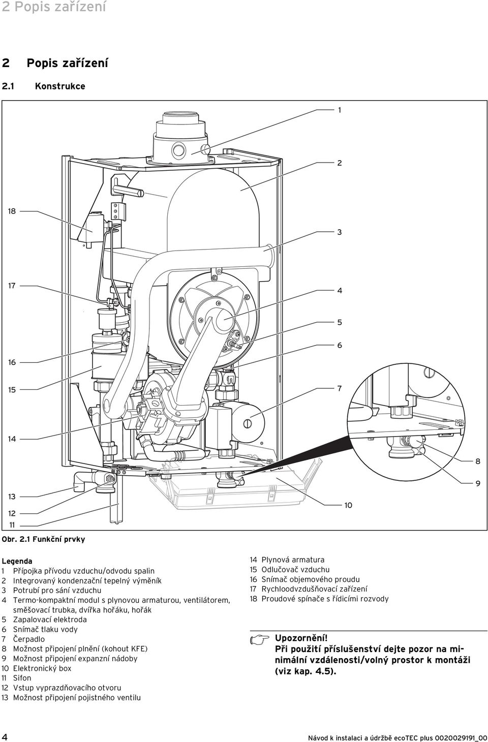 směšovací trubka, dvířka hořáku, hořák 5 Zapalovací elektroda 6 Snímač tlaku vody 7 Čerpadlo 8 Možnost připojení plnění (kohout KFE) 9 Možnost připojení expanzní nádoby 0 Elektronický box