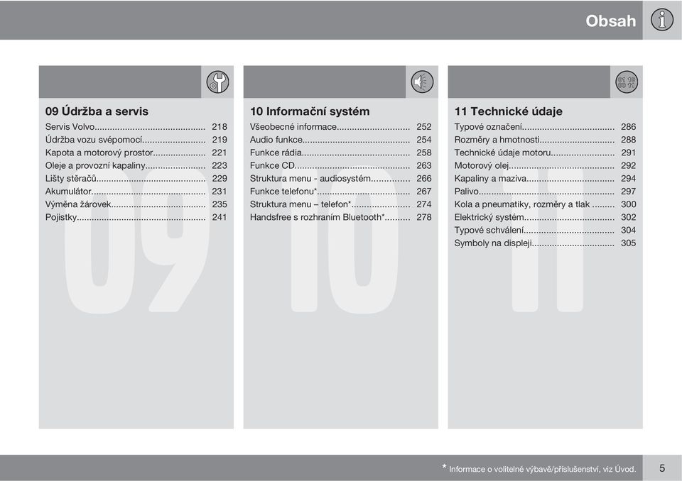 .. 267 Struktura menu telefon*... 274 Handsfree s rozhraním Bluetooth*... 278 11 Technické údaje 11 Typové označení... 286 Rozměry a hmotnosti... 288 Technické údaje motoru... 291 Motorový olej.