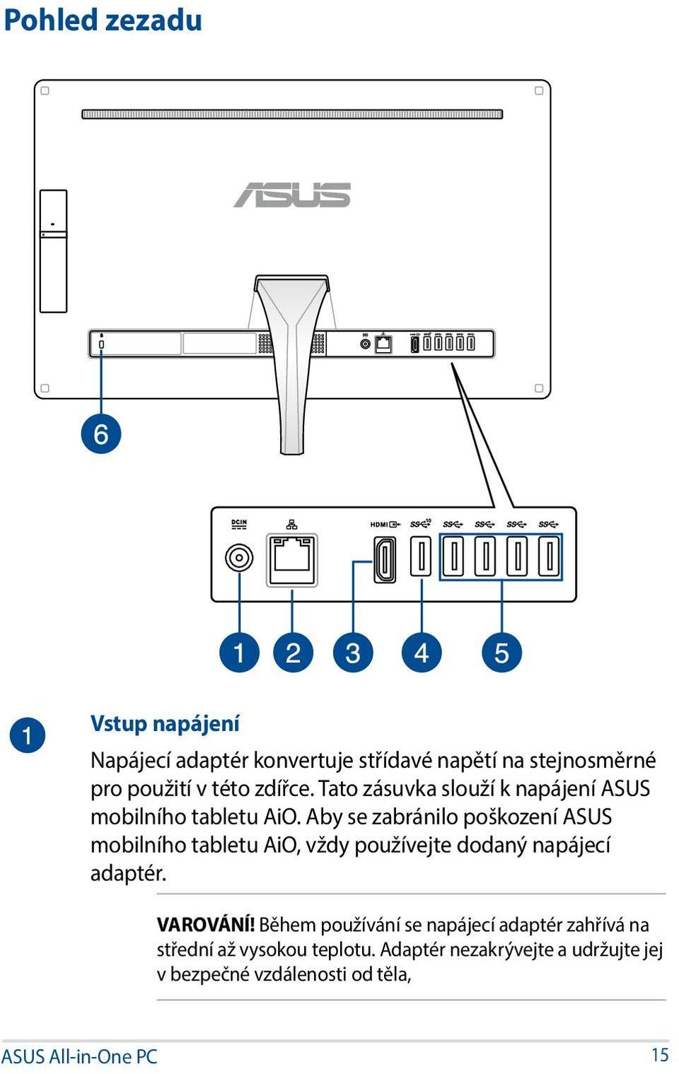 Aby se zabránilo poškození ASUS mobilního tabletu AiO, vždy používejte dodaný napájecí adaptér. VAROVÁNÍ!