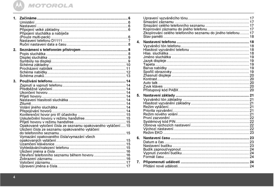 Používání telefonu... 14 Zapnutí a vypnutí telefonu... 14 Předběžné vytočení... 14 Ukončení hovoru... 14 Přijetí hovoru... 14 Nastavení hlasitosti sluchátka... 14 Ztlumit... 14 Volání jiného sluchátka.