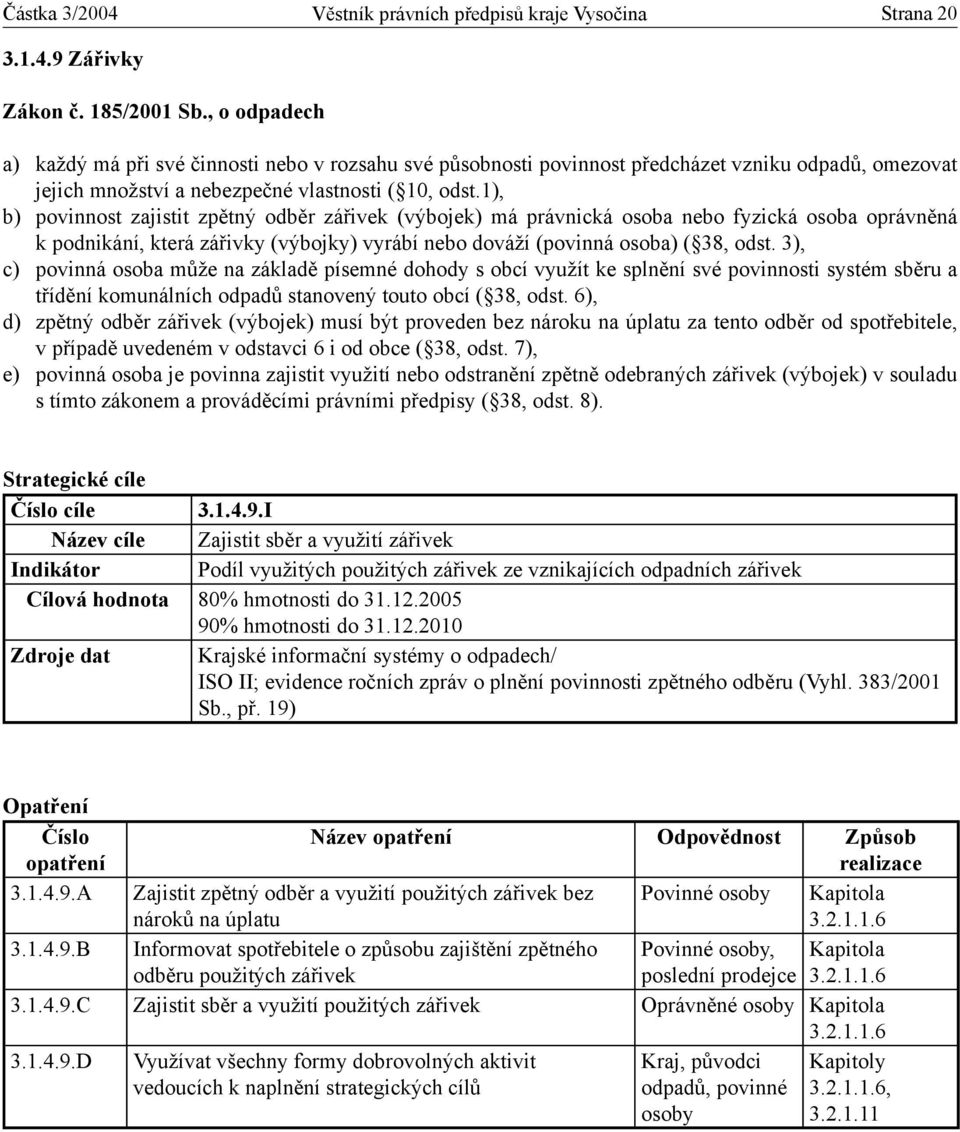 1), b) povinnost zajistit zpětný odběr zářivek (výbojek) má právnická osoba nebo fyzická osoba oprávněná k podnikání, která zářivky (výbojky) vyrábí nebo dováží (povinná osoba) ( 38, odst.