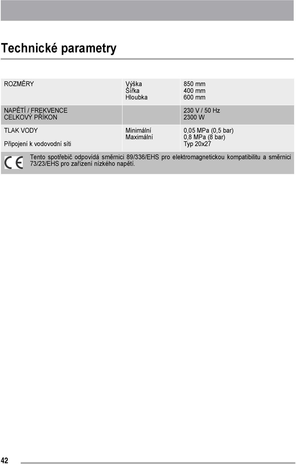 2300 W 0,05 MPa (0,5 bar) 0,8 MPa (8 bar) Typ 20x27 Tento spotřebič odpovídá směrnici