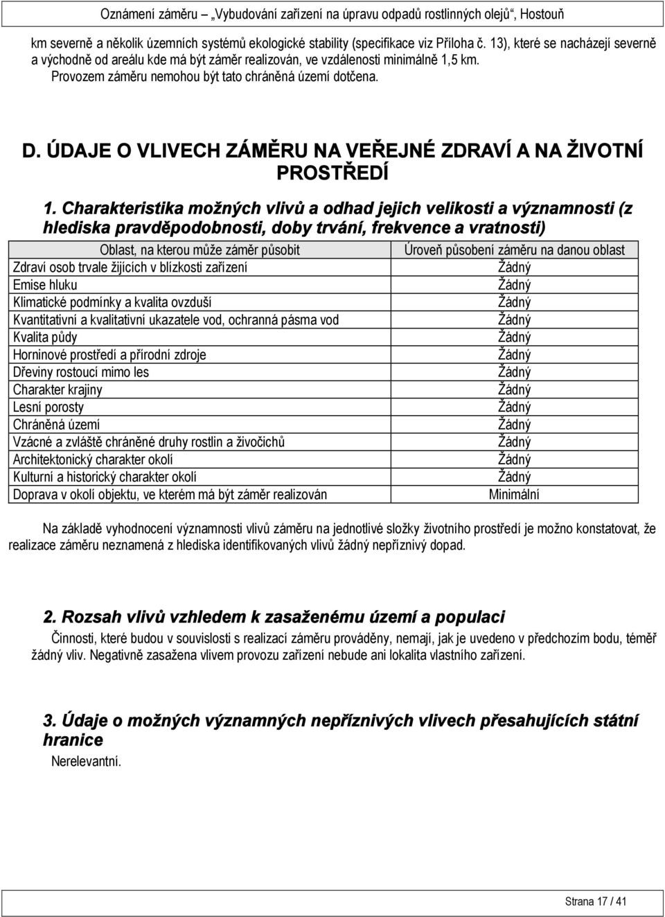 ÚDAJE O VLIVECH ZÁMĚRU NA VEŘEJNÉ ZDRAVÍ A NA ŽIVOTNÍ PROSTŘEDÍ 1.