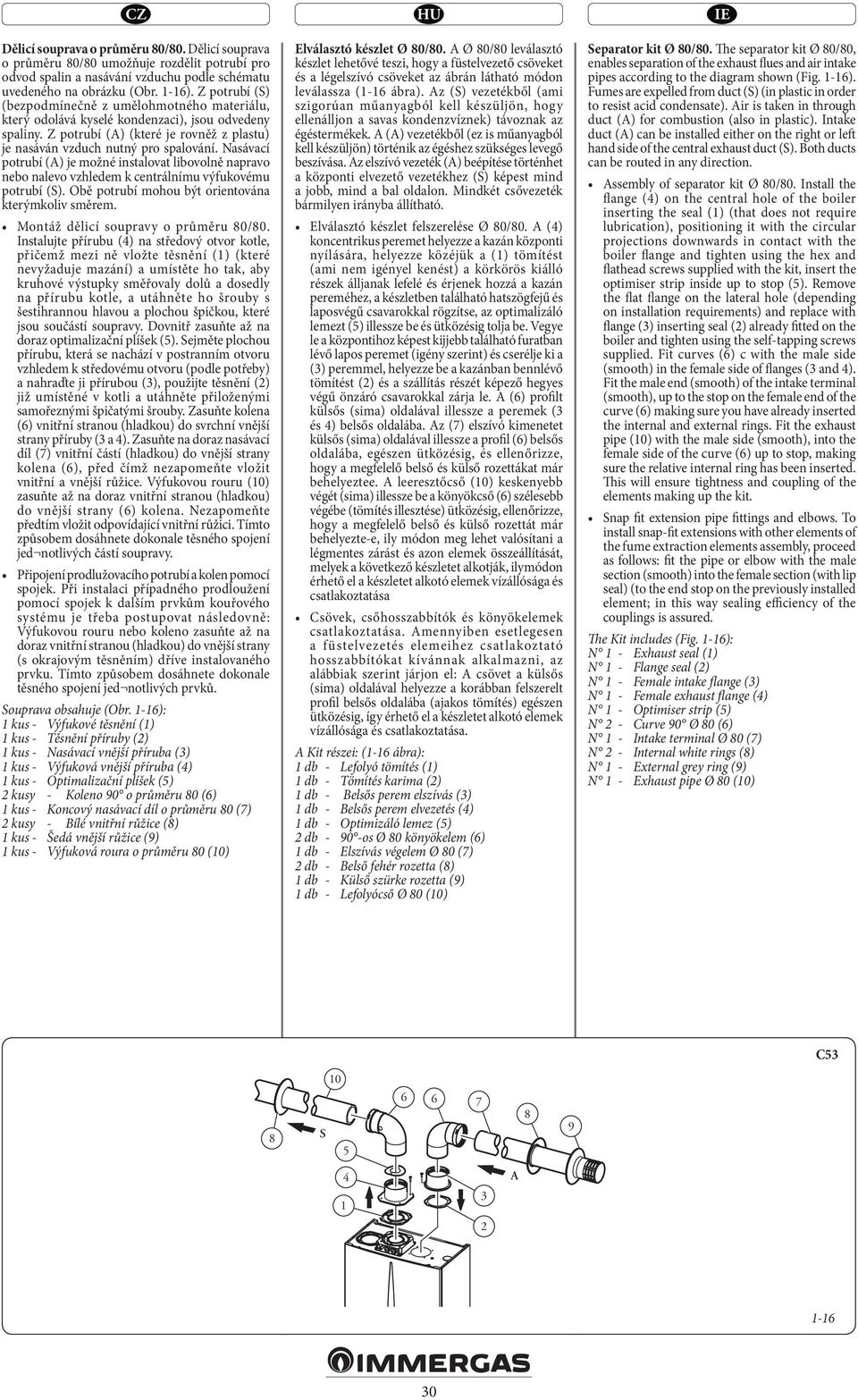 Nasávací potrubí (A) je možné instalovat libovolně napravo nebo nalevo vzhledem k centrálnímu výfukovému potrubí (S). Obě potrubí mohou být orientována kterýmkoliv směrem.