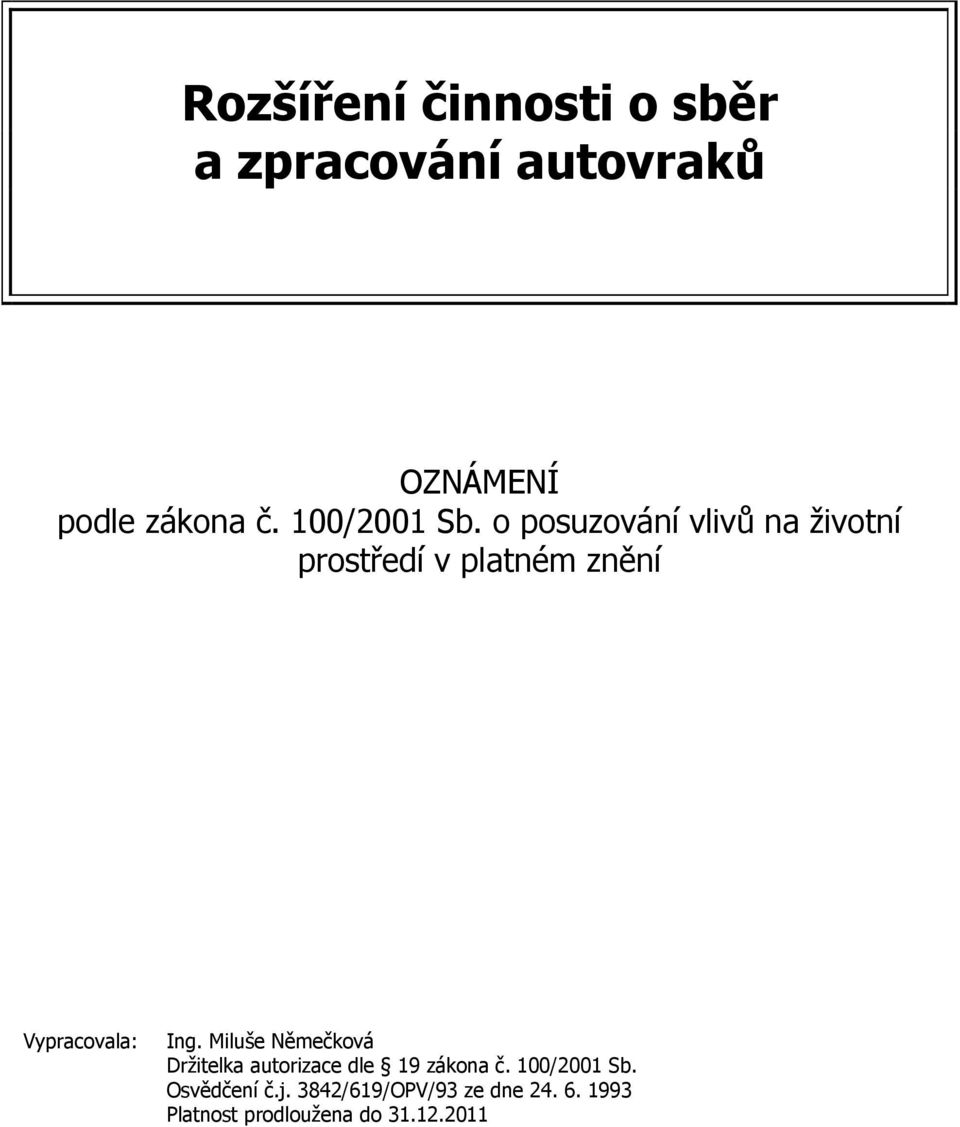 o posuzování vlivů na životní prostředí v platném znění Vypracovala: Ing.