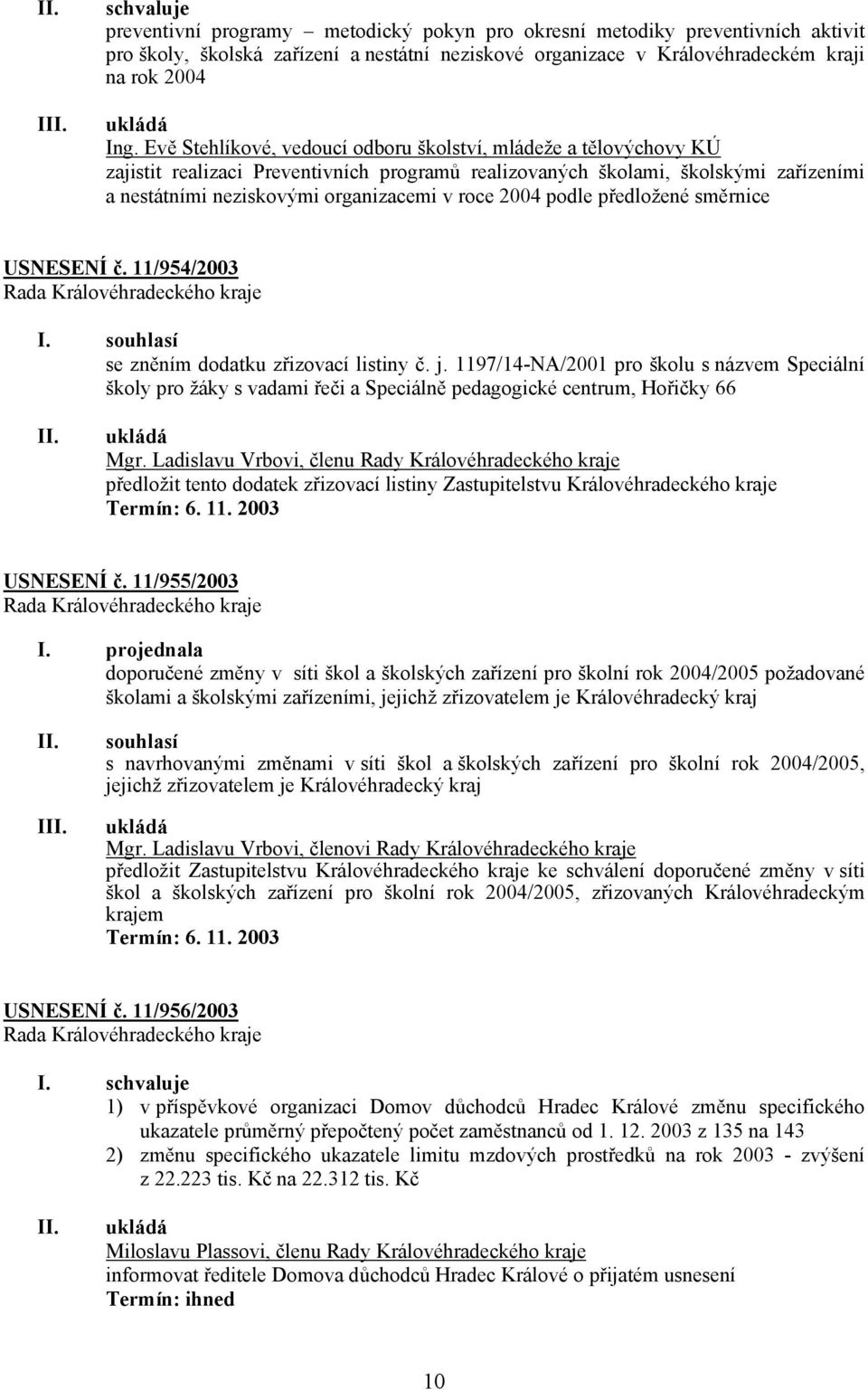 2004 podle předložené směrnice USNESENÍ č. 11/954/2003 I. souhlasí se zněním dodatku zřizovací listiny č. j.