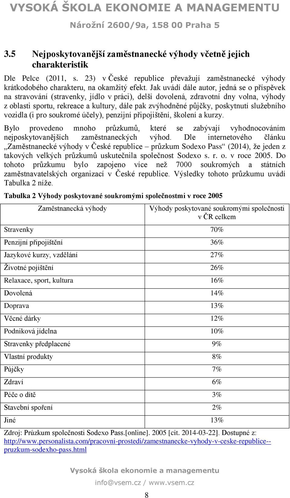 poskytnutí služebního vozidla (i pro soukromé účely), penzijní připojištění, školení a kurzy. Bylo provedeno mnoho průzkumů, které se zabývají vyhodnocováním nejposkytovanějších zaměstnaneckých výhod.